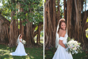 Classic Tampa Bay Bridal Portrait Under Banyan Tree in Straub Park Downtown St. Pete, Bride in Romantic Off The Shoulder White A-Line Wedding Dress, Carrying White, Ivory and Blush Pink Floral Bouquet with Greenery