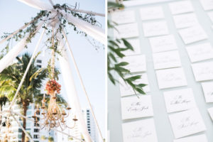 Elegant, Garden Inspired Wedding Decor, Outdoor Gold Chandelier Hanging from Green Vines, Calligraphy Place Cards | Sarasota Wedding Planner NK Weddings