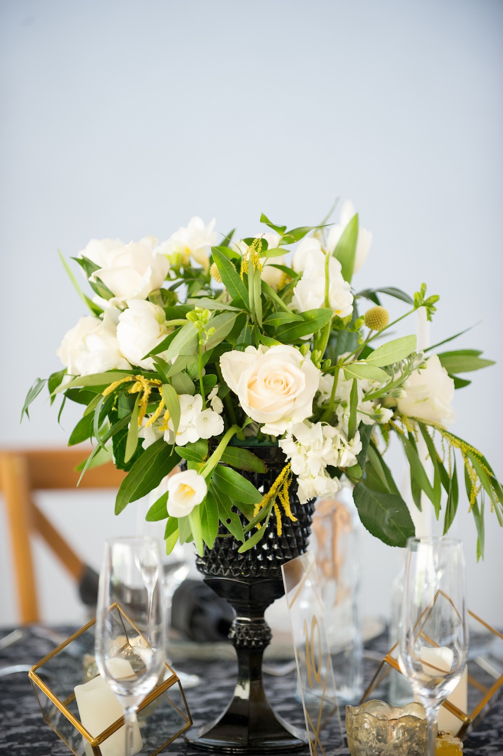 Modern, Geometric Bumble Inspired, Wedding Decor, Low Floral Centerpiece, Yellow Accents, White, Blush Pink Roses, Greenery, in Black Base, Gold Geometric Wedding Decor | Tampa Bay Wedding Photographer Andi Diamond Photography