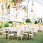 Elegant, Classic, Outdoor Tented Garden Inspired Wedding Decor and Reception, White Pipe and Drape, Feasting Tables with Gold Chiavari Chairs, Tall Green Floral Centerpiece, Gold Chandeliers Hanging Outside, The Ritz Carlton Sarasota | Tampa Bay Wedding Planner NK Weddings