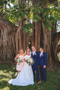 Florida Bridal Party Wedding Portrait under Giant Banyan Tree in Straub Park Downtown St. Pete, Bridesmaid in Short Blush Pink Dress, Groom in Navy Suit