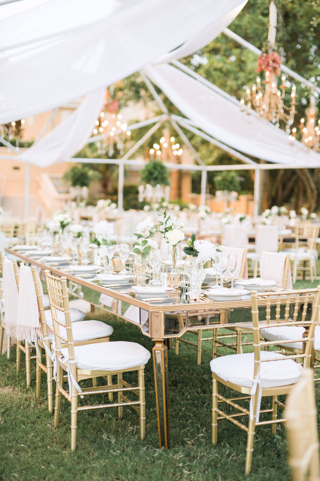 Elegant, Classic, Outdoor Tented Garden Inspired Wedding Decor and Reception, Gold Modern Feasting Tables with Gold Chiavari Chairs, Low White and Green Floral Centerpieces, The Ritz Carlton Sarasota | Tampa Bay Wedding Planner NK Weddings