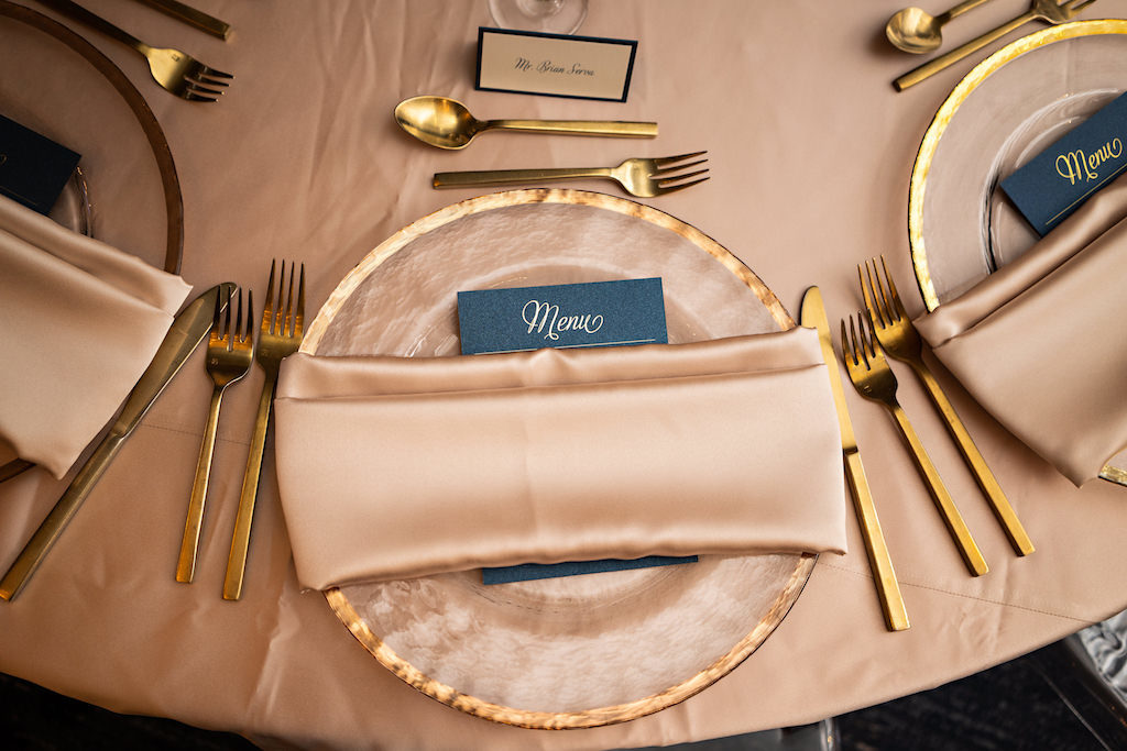 Romantic Blush Pink Table Setting and Wedding Decor, With Pink and Gold Enamel Chargers, Pink Linens, Gold Flatware | Florida Wedding Planner Parties A La Carte | Tampa Bay Over The Top Rentals