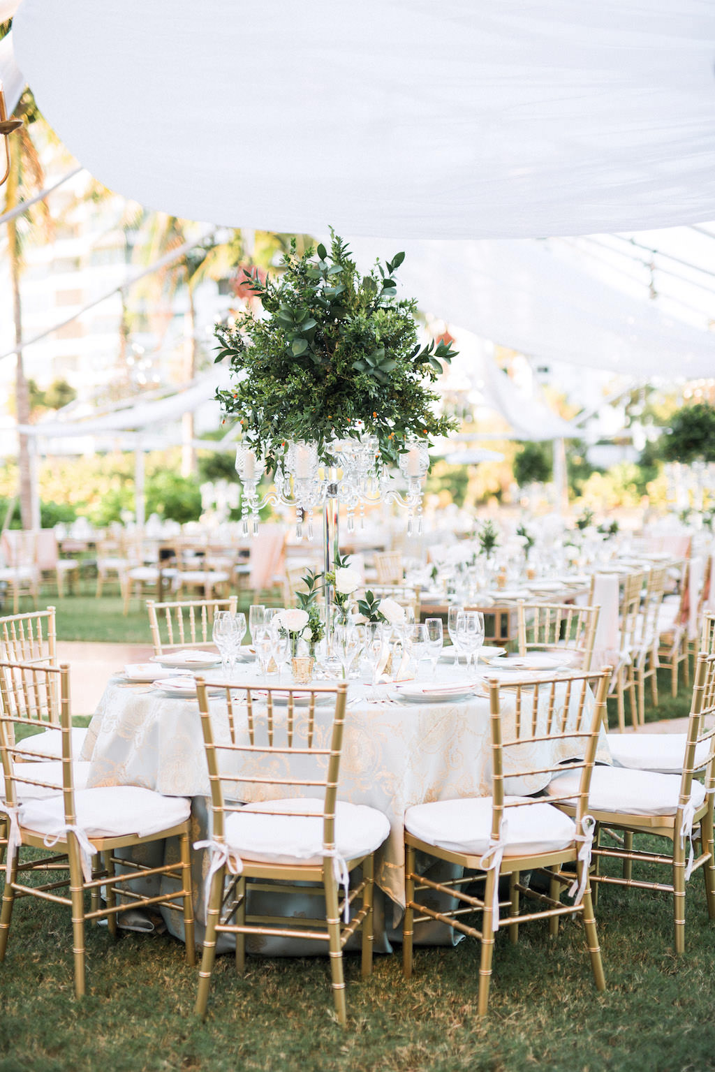 Elegant, Classic, Outdoor Tented Garden Inspired Wedding Decor and Reception, White and Gold Linen Circle Tables, Gold Chiavari Chairs, Tall Green Floral Centerpieces, The Ritz Carlton Sarasota | Tampa Bay Wedding Planner NK Weddings
