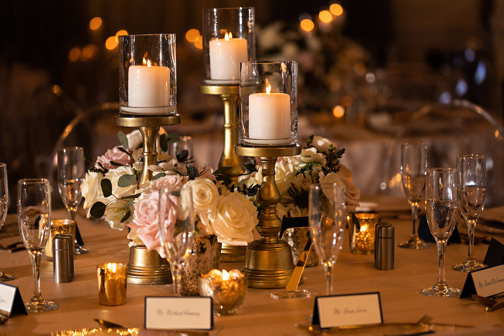 Romantic Garden Inspired Wedding Decor, Low Floral Centerpieces with White and Blush Pink Roses, Gold Candelabras with Glass Votives | Over The Top Rentals | Tampa Bay Florist Bruce Wayne Florals | Florida Wedding Planner Parties A La Carte