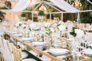 Elegant, Classic, Outdoor Tented Garden Inspired Wedding Decor and Reception, Modern Mirrored Feasting Tables, Gold Chiavari Chairs, Low White and Green Floral Centerpieces, The Ritz Carlton Sarasota | Tampa Bay Wedding Planner NK Weddings