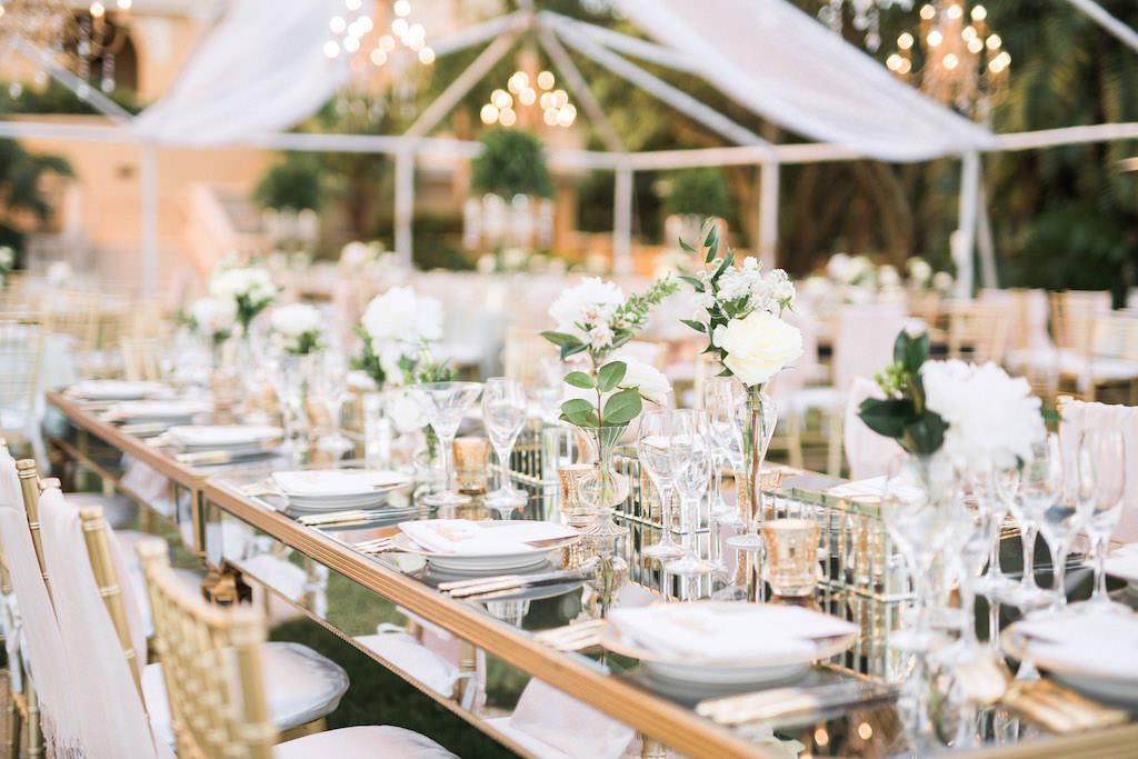 Elegant, Classic, Outdoor Tented Garden Inspired Wedding Decor and Reception, Modern Mirrored Feasting Tables, Gold Chiavari Chairs, Low White and Green Floral Centerpieces, The Ritz Carlton Sarasota | Tampa Bay Wedding Planner NK Weddings