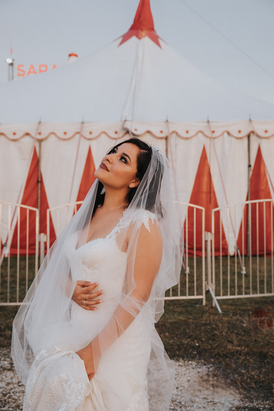 Florida Bride, in Romantic, White, Lace Isabella Talya Wedding Dress, Illusion Cap Sleeves, Sweetheart Neckline with Fitted Bodice, Unique Wedding Venue Circus Sarasota under the Big Top, The Ringling