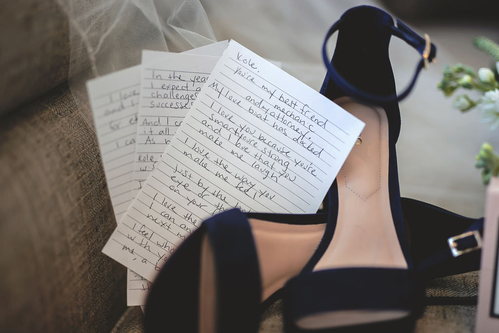 Handwritten Wedding Vows with Dark Blue Suede Bridal Shoes