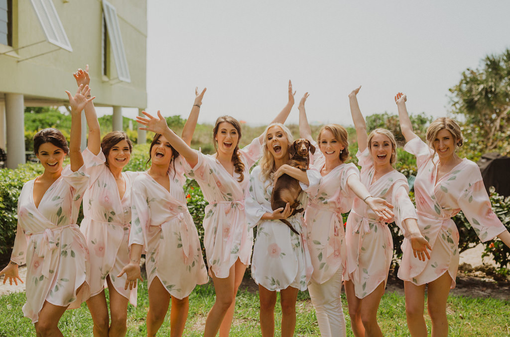 Florida Bride and Dog, Bridesmaids Getting Ready Photo in Matching Blush Pink Floral Silk Robes