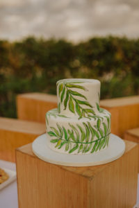 Tropical Florida Inspired Green Palm Leaf Water Color Design on White Two Tier Hand Painted Wedding Cake | Organic Boho Wedding Inspiration