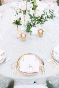 Elegant, Classic, Garden Inspired Wedding Decor and Reception, White and Gold Linen Circle Tables, Gold Detailed Charger, Lasercut Name Card | Sarasota Wedding Planner NK Weddings