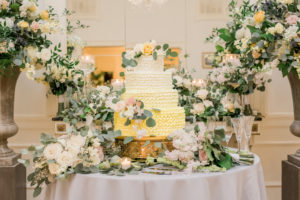 Boho Modern Chic Inspired Four Tier Yellow Ombre Ruffle Wedding Cake with White Ivory, Dusty Rose and Yellow Rose Florals with Silver Dollar Eucalyptus Greenery Floral Accents and Arrangements | Publix Wedding Cake
