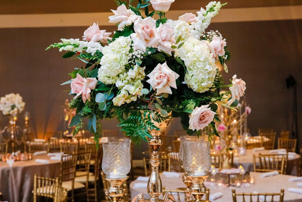 Elegant Wedding Reception Decor, Tall Gold Vase with White Hydrangeas, Blush Pink Roses, Greenery Floral Centerpieces