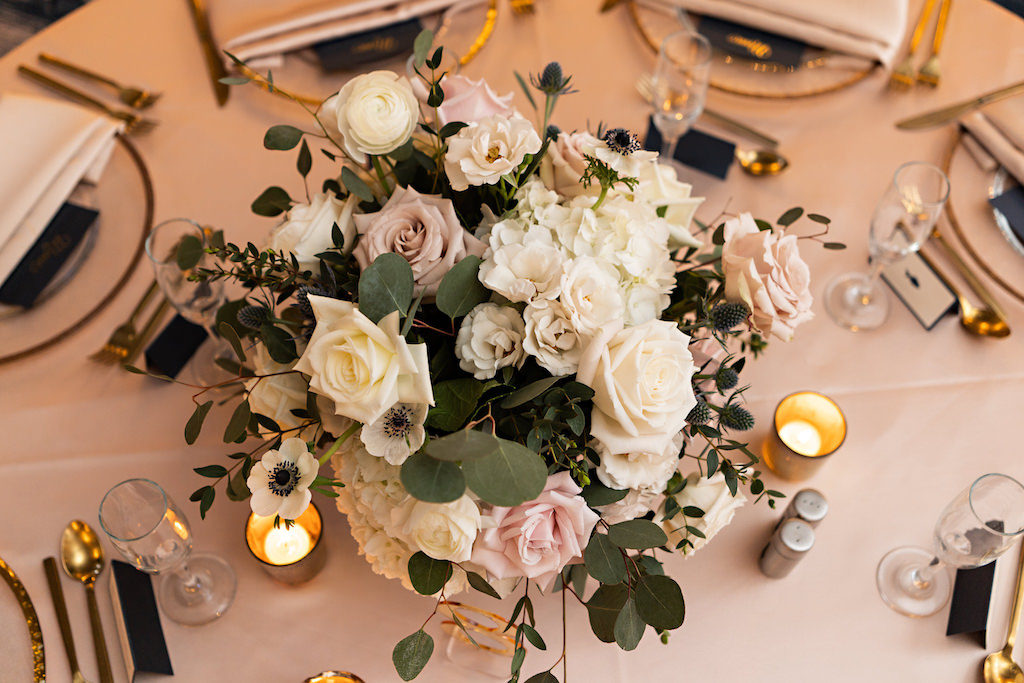 Romantic Garden Inspired Low Floral Centerpiece with White Hydrangeas, Blush Pink Roses, Thistle and Greenery | Over The Top Rentals | Tampa Bay Florist Bruce Wayne Florals | Florida Wedding Planner Parties A La Carte