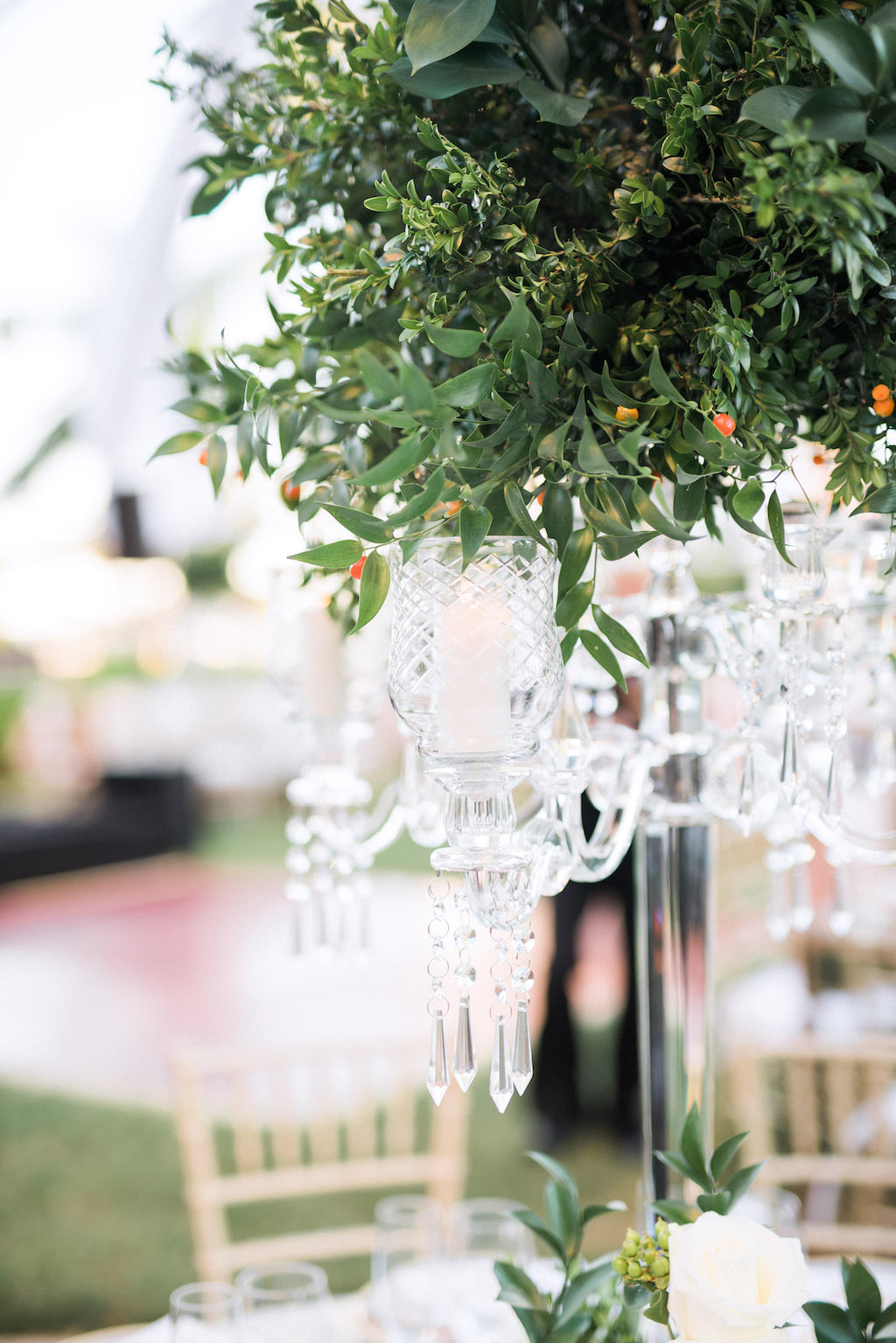 Elegant, Garden Modern Wedding Decor, Large Green Floral Centerpiece, With Hanging Crystal Chandelier Detail | Sarasota Wedding Planner NK Weddings
