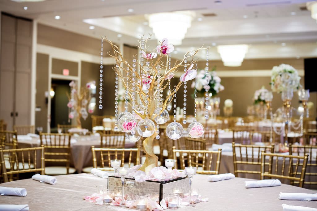 Elegant Wedding Reception Decor, Decorative Gold Tree Branches with Hanging Crystals and Glass Bulbs