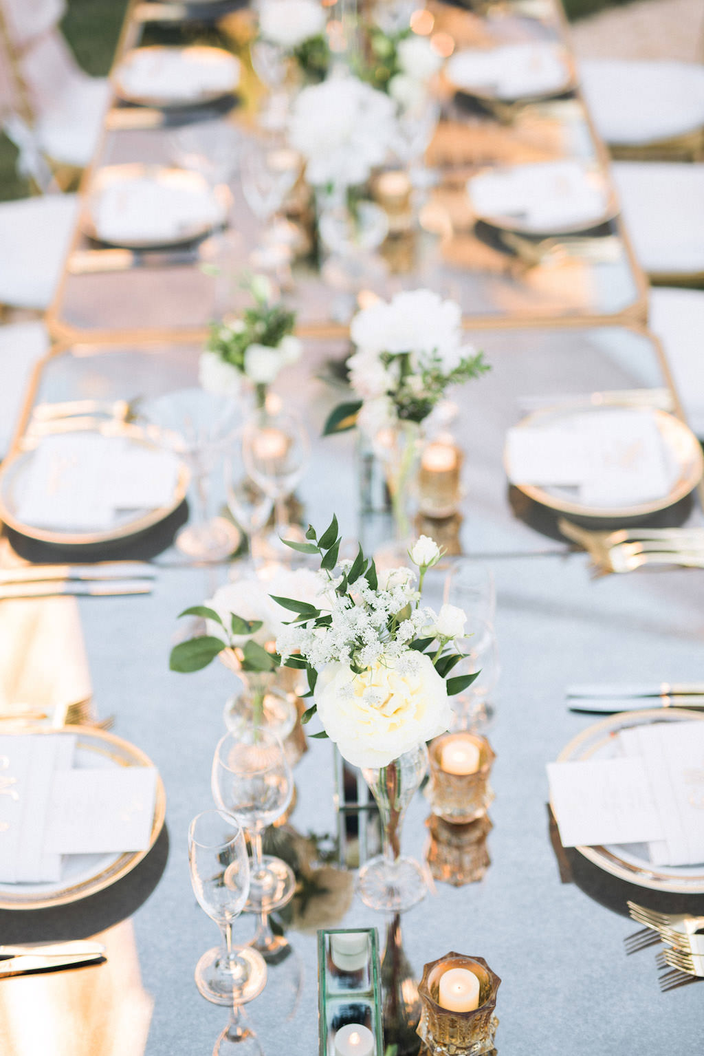 Elegant, Classic, Garden Inspired Wedding Decor and Reception, Gold Modern Feasting Tables with Gold Chiavari Chairs, Low White and Green Floral Centerpieces | Tampa Bay Wedding Planner NK Weddings