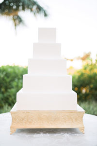 Five Tier, Classic, White, Square, Projection Mapping, Wedding Cake on Gold Detailed Platform