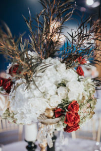 Unique, Modern Circus Inspired Floral Centerpiece, White Hydrangeas, Red Roses, Greenery