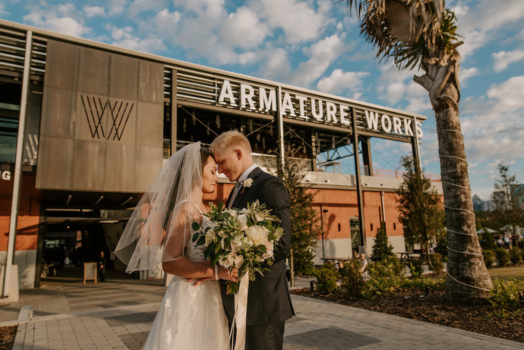 Outdoor Tampa Bay Bride and Groom Modern Wedding Portrait | Florida Wedding Venue Armature Works