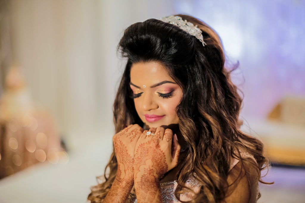 Tampa Traditional Indian Bride with Henna Tattoo and Neutral Makeup with Silver Hairpiece Wedding Beauty Portrait | Tampa Bay Wedding Hair and Makeup Michele Renee the Studio