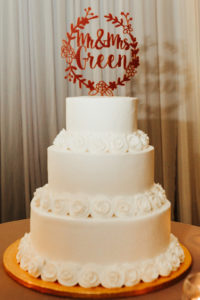 Classic White Three Tier Buttercream Wedding Cake with White Fondant Sugar Roses, Red Custom Cake Topper
