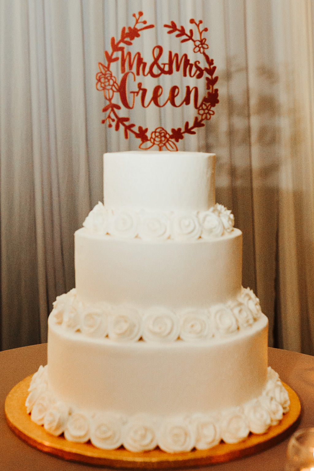 Classic White Three Tier Buttercream Wedding Cake with Roses, Red Custom Cake Topper
