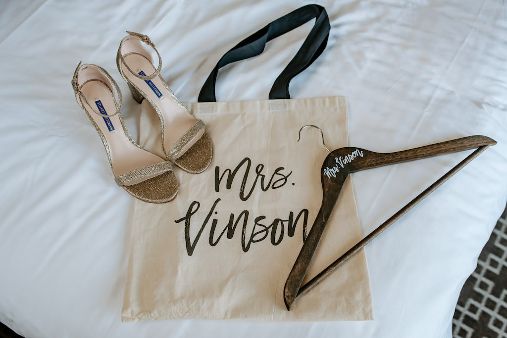 Gold Glitter Open Toe Wedding Shoe, Custom Wooden Bridal Hanger, Personalized Mrs. Tote Bag