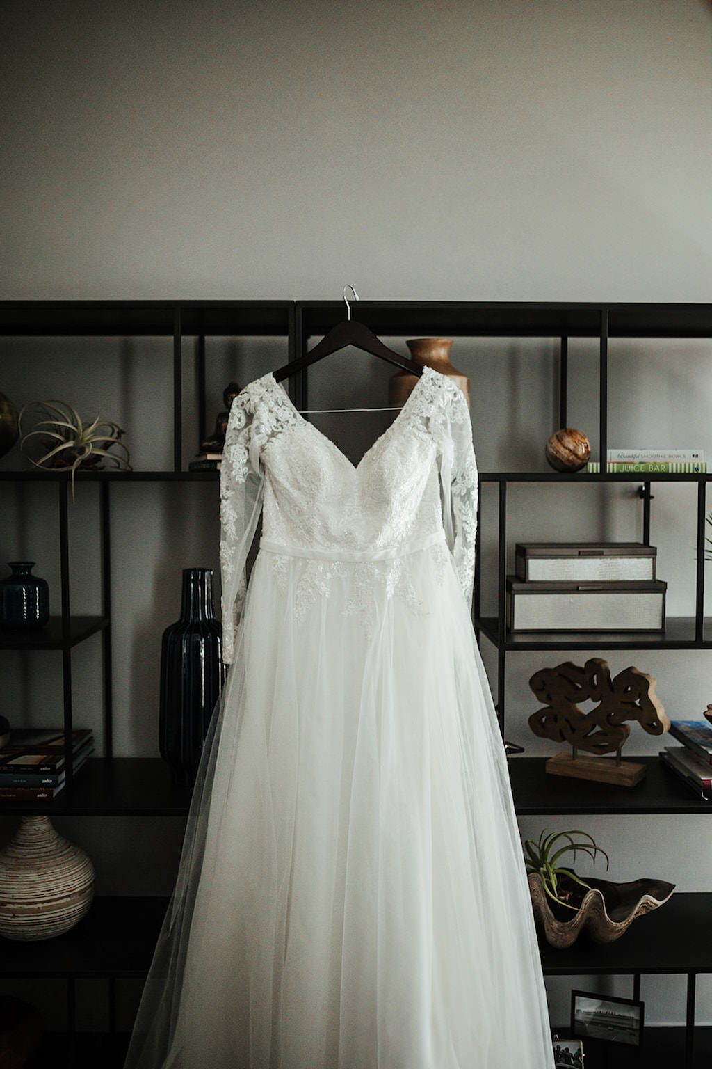 Elegant A-Line Wedding Dress, Lace Illusion Sleeves, Tulle Skirt