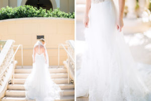 Florida Bride in Classic White Mira Couture Wedding Dress with Fit and Flare Skirt, Lace Detailing at Bottom