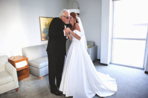 Bride and Father of The Bride Candid Wedding Portrait, Bride in Classic White A-Line Wedding Dress with Sweetheart Neckline and Off the Shoulder Sleeves