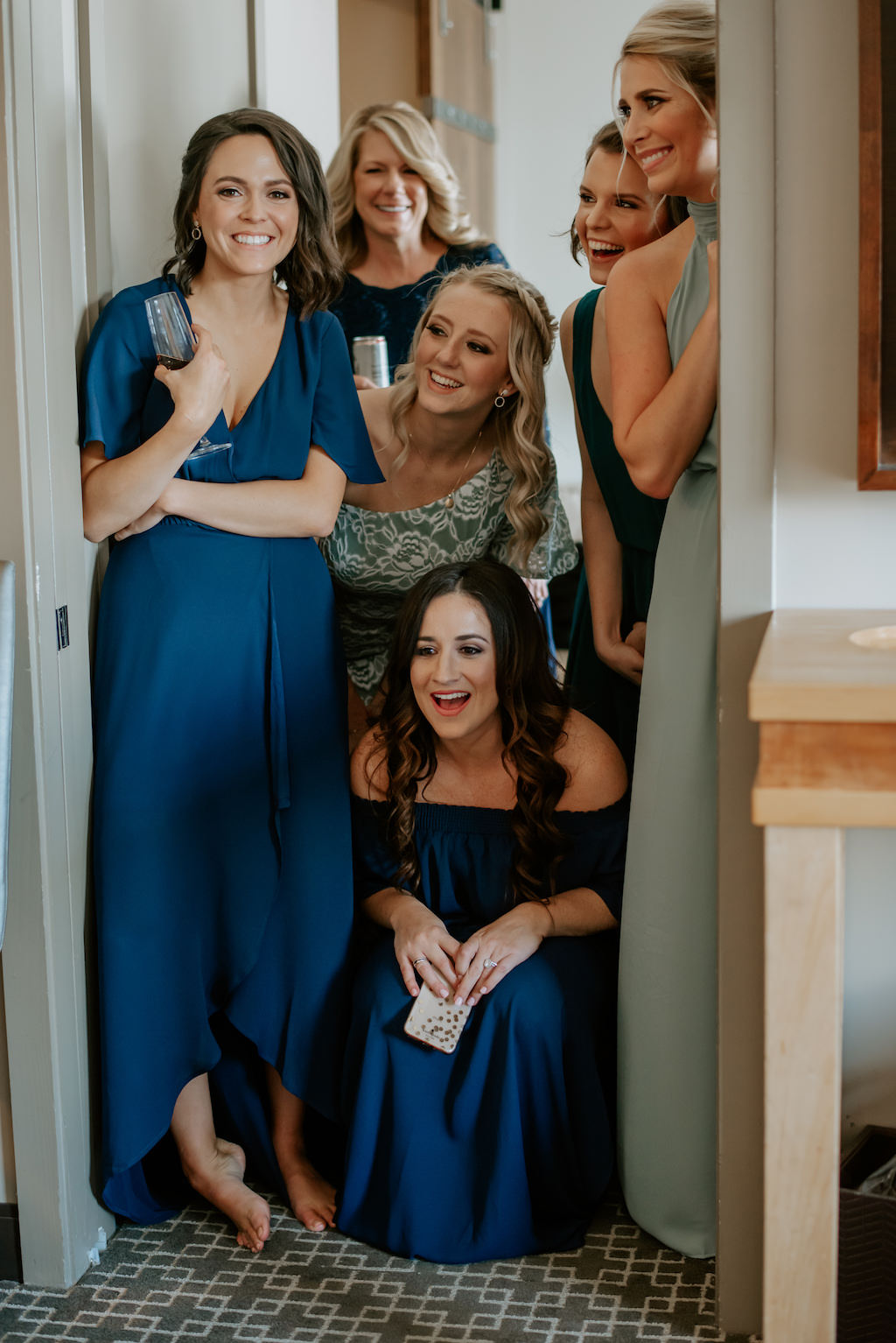 Tampa Bay Bridesmaids Getting Ready Wedding Portrait, Long Navy Gowns