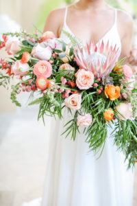 Tropical Inspired, Garden Crescent Style Wedding Bouquet with Pink King Protea, Peach, White and Orange Florals with Greenery| Tampa Bay Wedding Photographer Lifelong Photography Studios