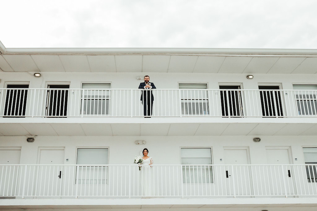 Artistic, Unique Florida Bride and Groom Wedding Portrait with All White Background | Tampa Bay Boutique Hotel and Wedding Venue The Hotel Alba in Westshore