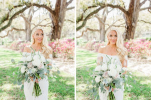 Tampa Bay Outdoor Boho Chic Bride Wedding Portrait in Off Shoulder with Tassle White Wedding Dress Holding Organic White, Ivory, Blush Pink Floral and Greenery Bouquet | Tampa Wedding Hair and Makeup Artist LDM Beauty Group