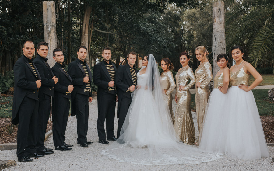 Glamorous, Circus Inspired Wedding, Sarasota Bride and Groom, Bridesmaids in Long Gold Sequined Dresses, Flower Girls in Gold Sequined Tops with Full Tulle Skirts, Groomsmen in Black Suit with Ringmaster Style Detailing