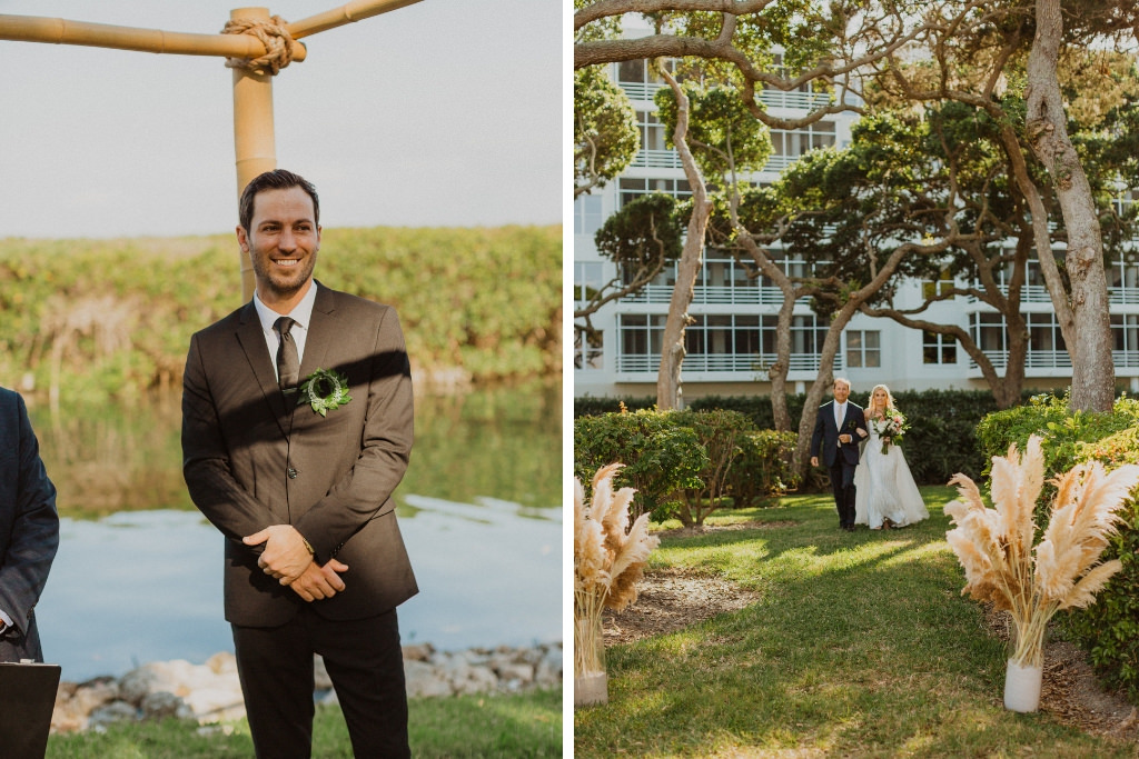 Sarasota Bride and Groom During Tropical Outdoor Wedding Processional, Beach Wedding Decor, Pampas Grass in Tall Glass Vases, Groom wearing green circle boutonnière | Florida Wedding Venue Longboat Key Club