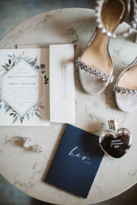 Bride Wedding Accessories, Navy Blue Vows Book, Peep Toe Silver and Rhinestone Strappy Wedding Heel Shoes, Boho Inspired Wedding Invitation, Wedding Jewelry and Perfume