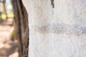 Mikaella Lace Wedding Dress with Plunging V Neckline and Capsleeves and Rhinestone Crystal Belt | Tampa Bay Wedding Photographer Kristen Marie Photography