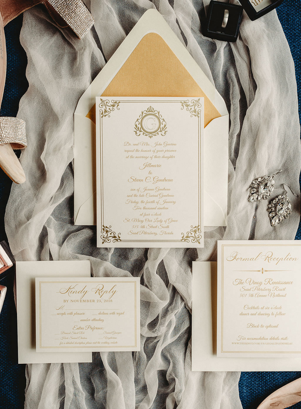 Classic Traditional Gold and Ivory Wedding Invitation Suite Flat Lay with Veil