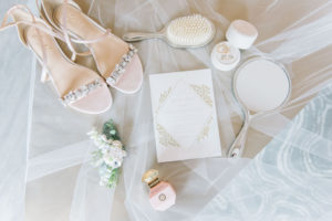Modern, Elegant Bridal Accessories, White and Gold Invitation, Nude Sandal and Rhinestone Wedding Heel Shoes, White Floral Hair Pin, Tampa Bay Wedding Photographer Kera Photography