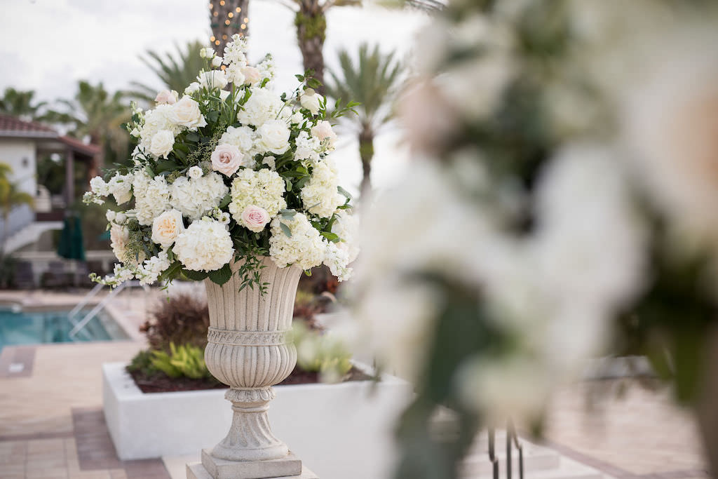 Classic Elegant Wedding Ceremony Decor, Ivory Stone Vase with White, Ivory, Blush Pink Florals and Greenery Bouquet | South Tampa Wedding Planner NK Productions Wedding Planning
