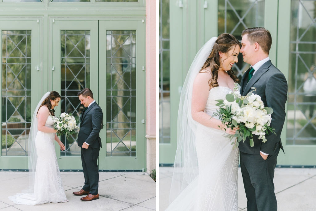 Modern, Romantic Florida Bride and Groom Outdoor First Look, Organic White and Greenery Floral Bouquet | Tampa Bay Wedding Photographer Kera Photography