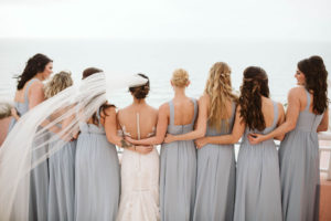 Tampa Bay Bride and Bridesmaids Wedding Portrait, Bridesmaids in Matching Dusty Blue Long Dresses