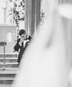 Groom's Emotional Reaction to Watching Bride Walking Down the Church Ceremony Aisle