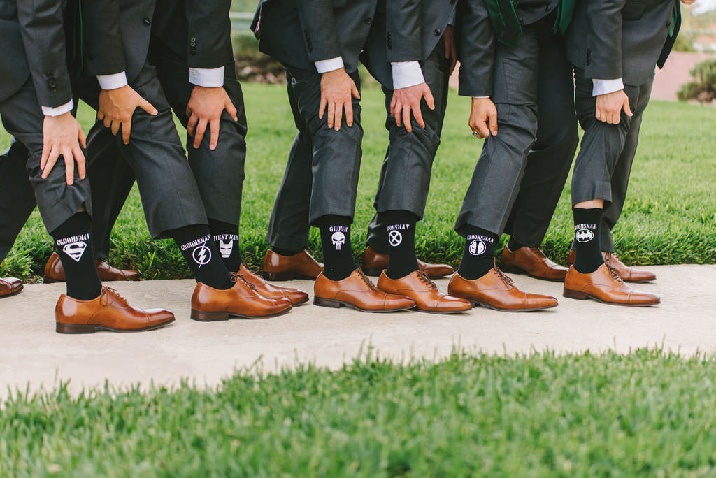 Tampa Bay Groomsmen Attire, Black Superhero Themed Socks, Brown Wingtip Lace-Up Shoes | Florida Wedding Photographer Kera Photography