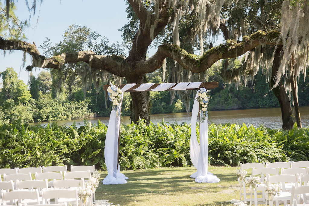 Golf Course Outdoor Classic Rustic Wedding Ceremony Decor, Wooden Arch with White Draping and Floral Bouquets | Tampa Bay Kristen Marie Photography | Palm Harbor Wedding Venue Innisbrook Golf & Spa Resort Wedding Venue