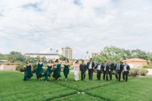Modern, Elegant Florida Bride and Groom, USF Inspired Dark Green and White Wedding Party, Bridesmaids in Mix and Match Green Dresses | St. Pete Photographer Kera Photography