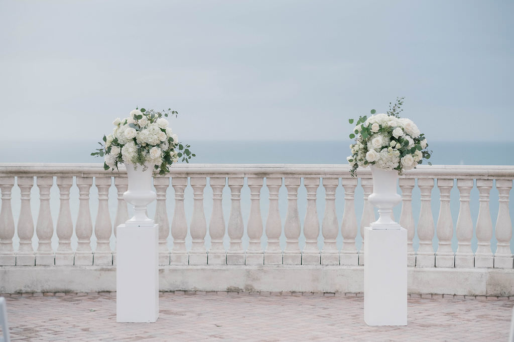 Romantic Boho Chic Wedding Ceremony Decor, Two White Pedestals with White and Greenery Floral Bouquets | Planner Parties A'la Carte | Florist Bruce Wayne Florals